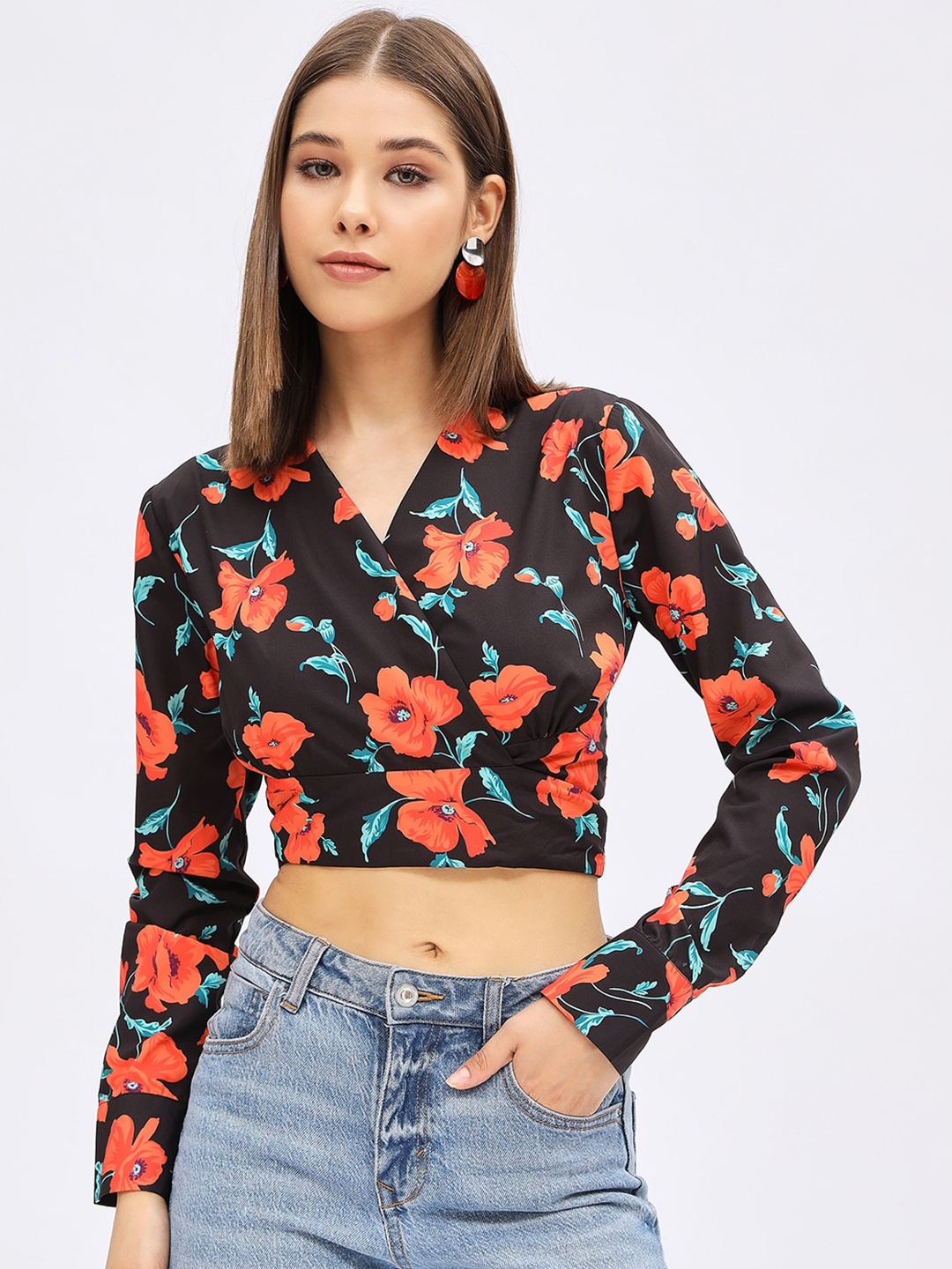 

Harpa Floral Print V-Neck Long Sleeves Wrap Crop Top, Black