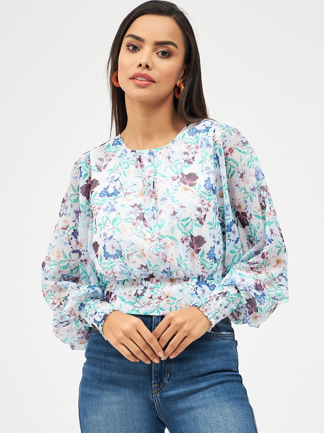 

Harpa Floral Printed Puff Sleeve Round Neck Blouson Top, White