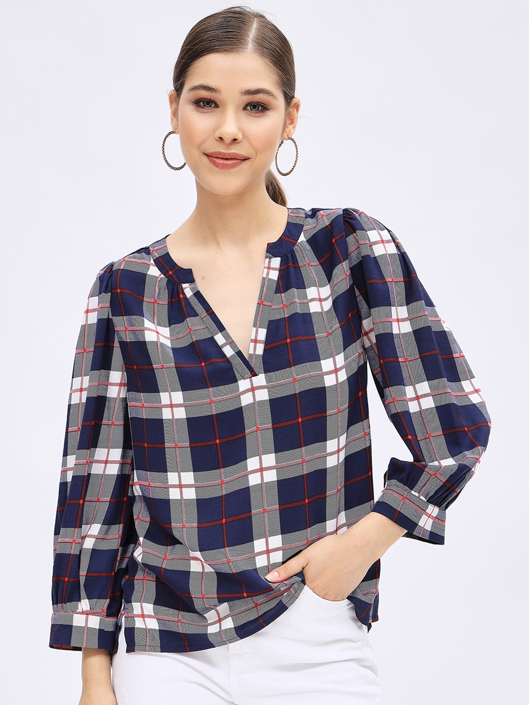 

Harpa Checked Mandarin Collar Shirt Style Top, Navy blue