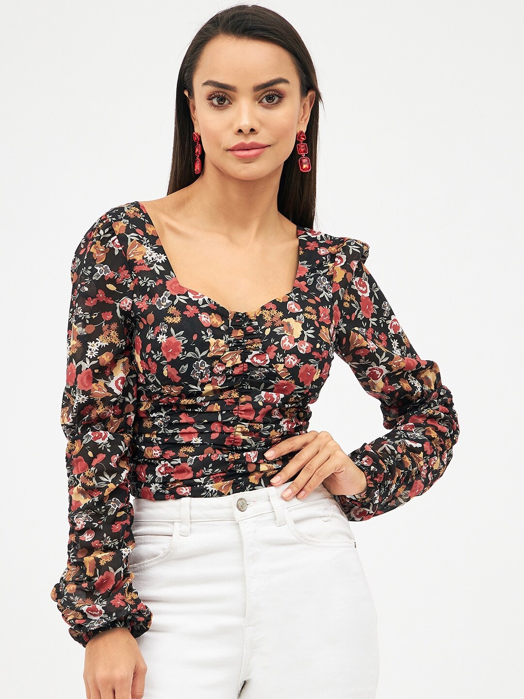 

Harpa Floral Printed Sweetheart Neck Puff Sleeves Top, Black