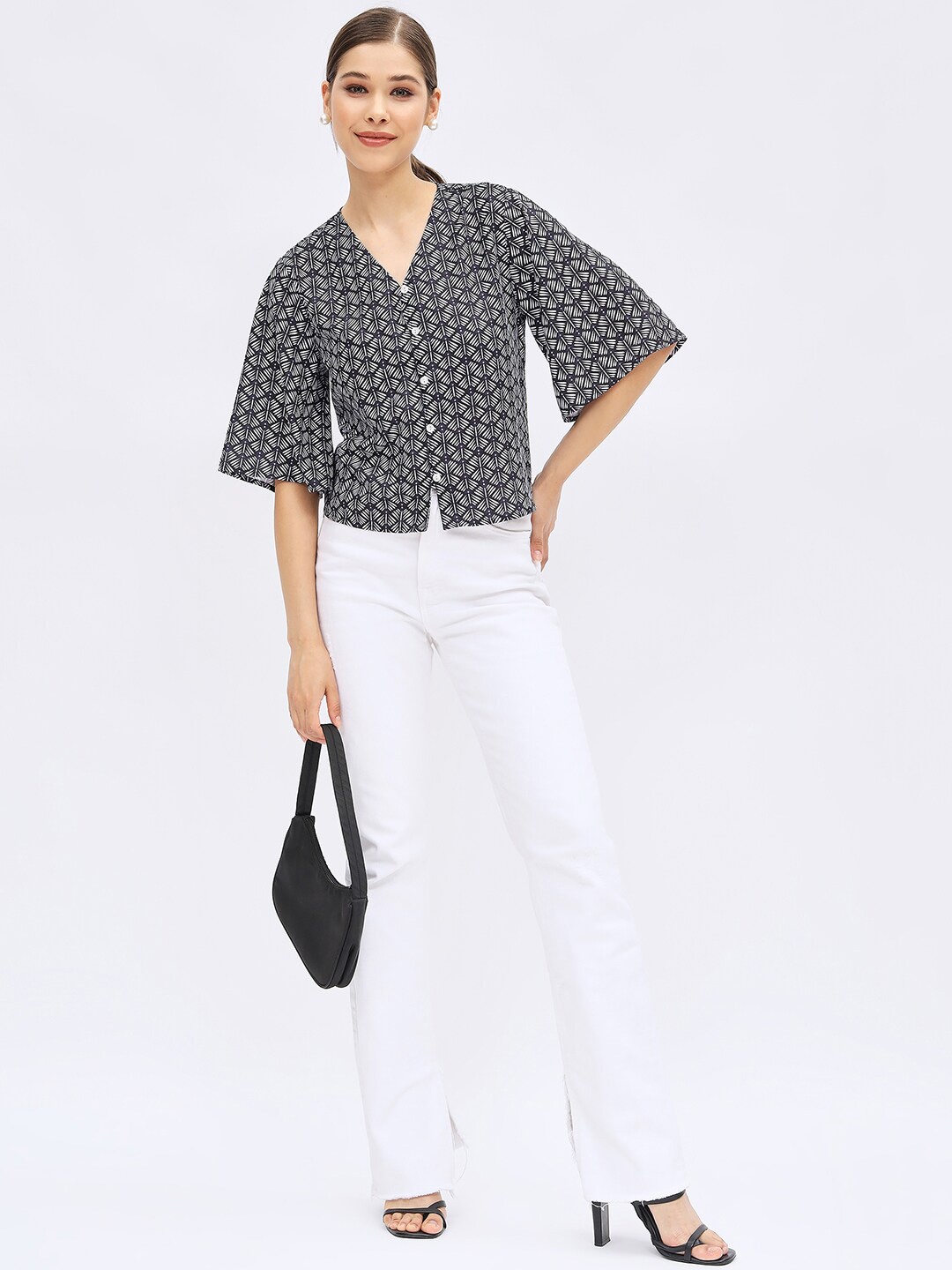 

Harpa Abstract Printed Flared Sleeve Shirt Style Top, Black