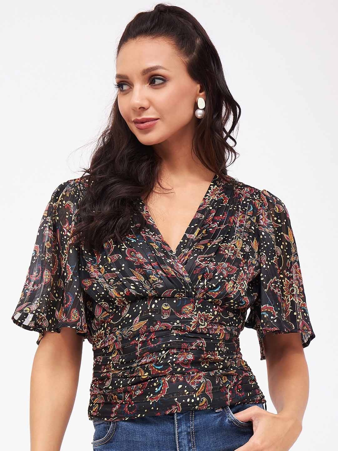 

Harpa Ethnic Motifs Printed Flared Sleeve Wrap Top, Black