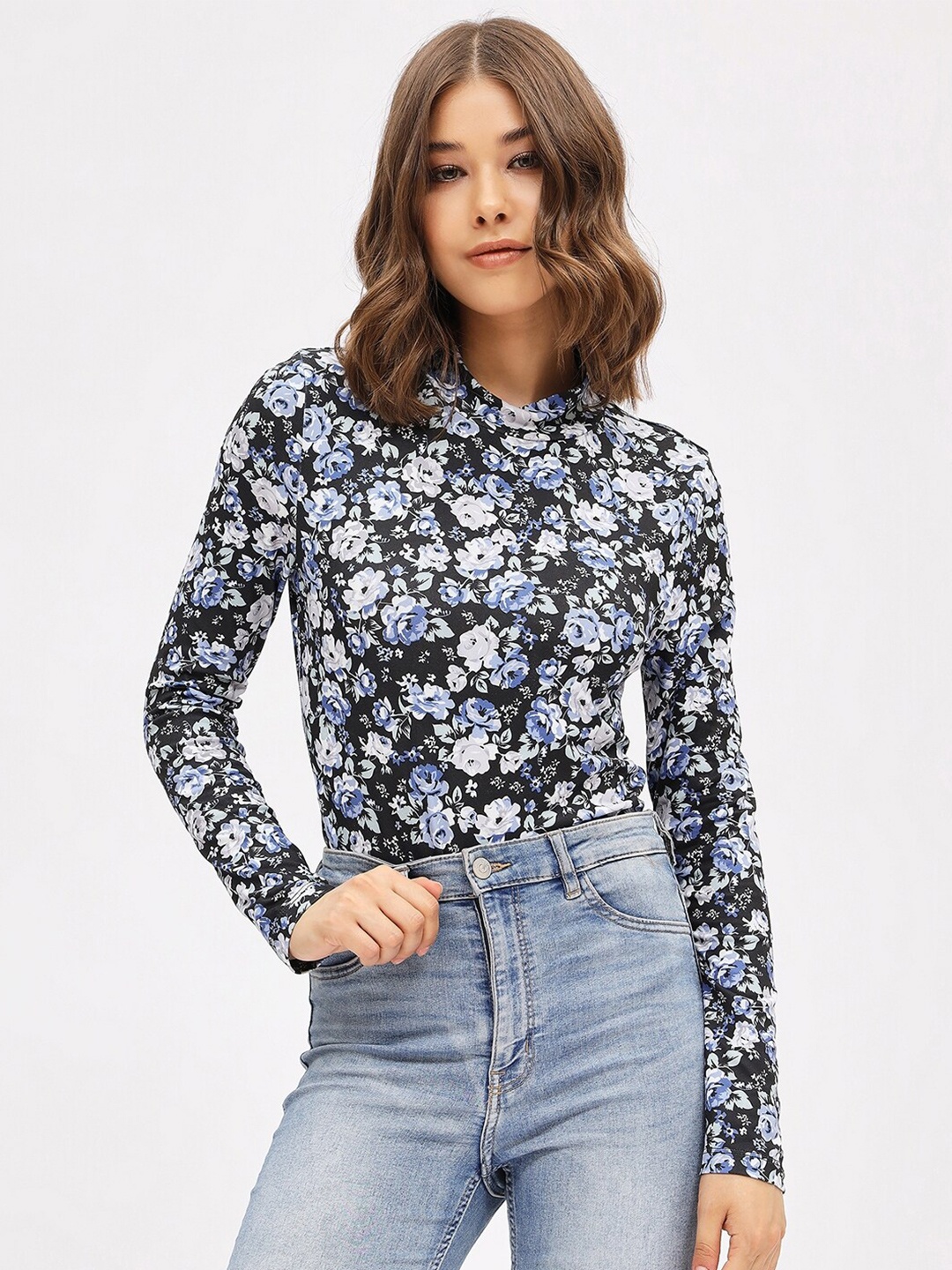 

Harpa Floral Printed High Neck Fitted Top, Black