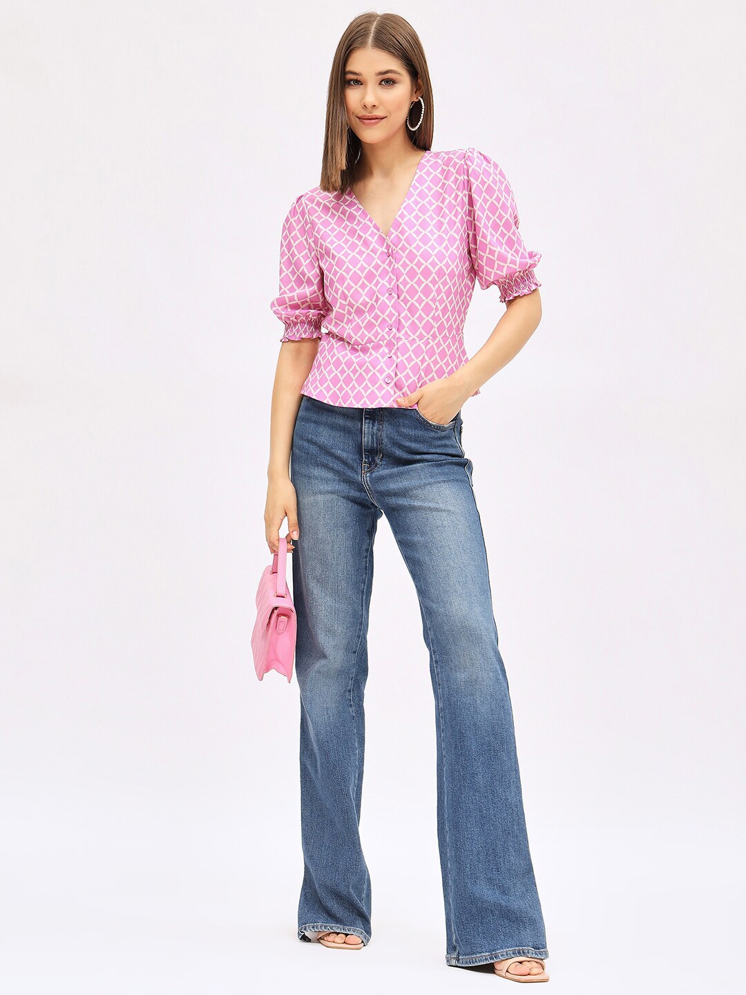 

Harpa Geometric Printed Puff Sleeves Top, Pink