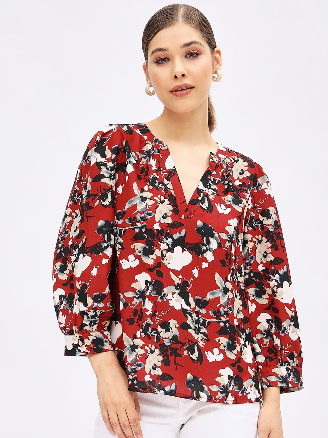 

Harpa Floral Print Mandarin Collar Three-Quarter Puff Sleeves Top, Rust