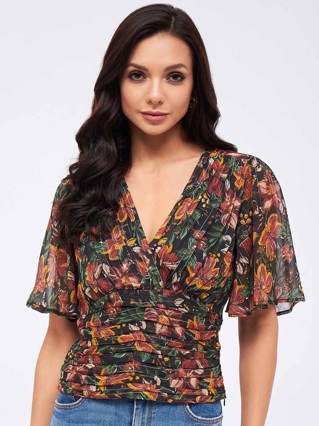 

Harpa Floral Printed Flared Sleeves Top, Green