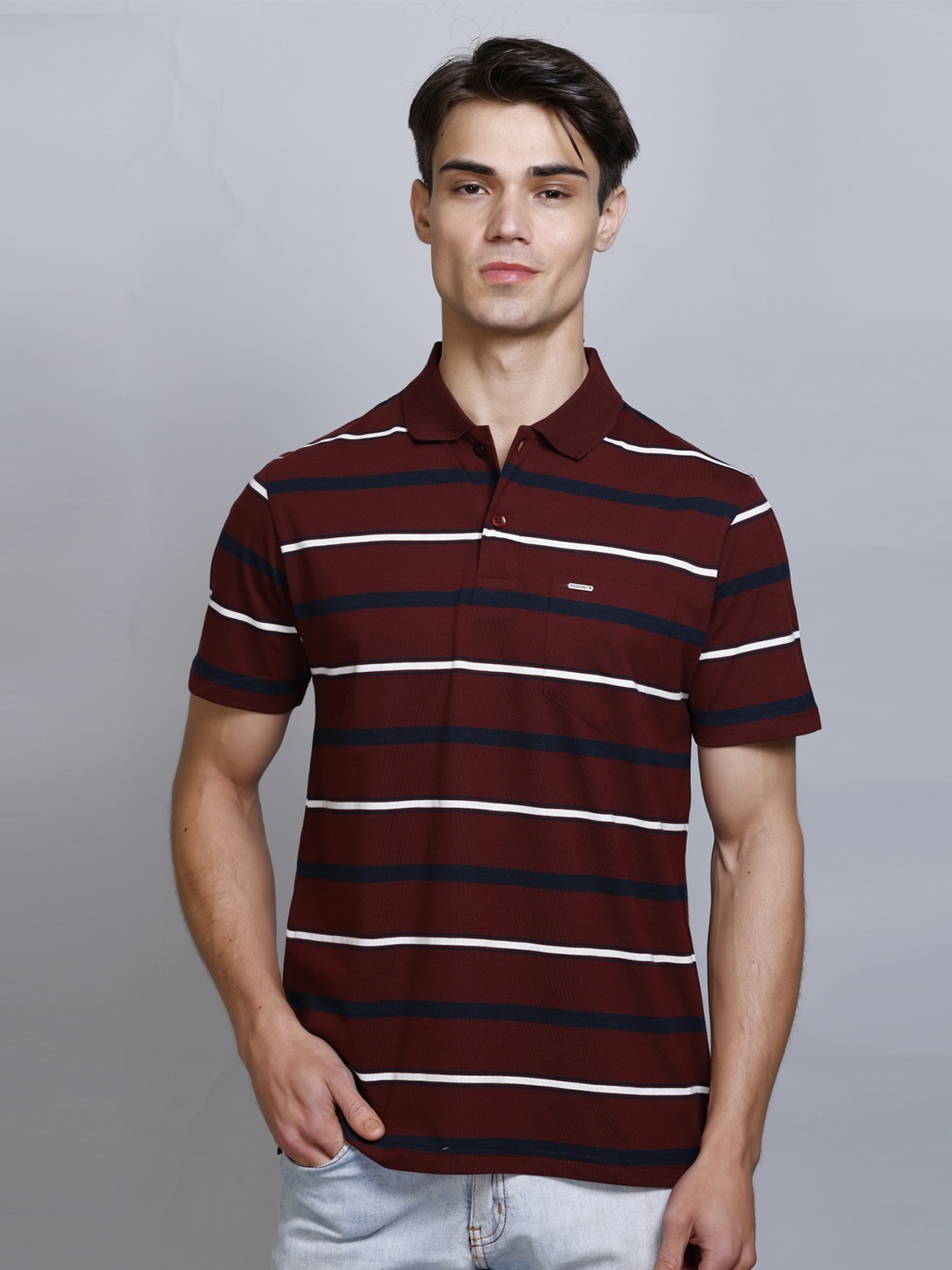 

GODFREY Horizontal Striped Polo Collar Pockets T-shirt, Red