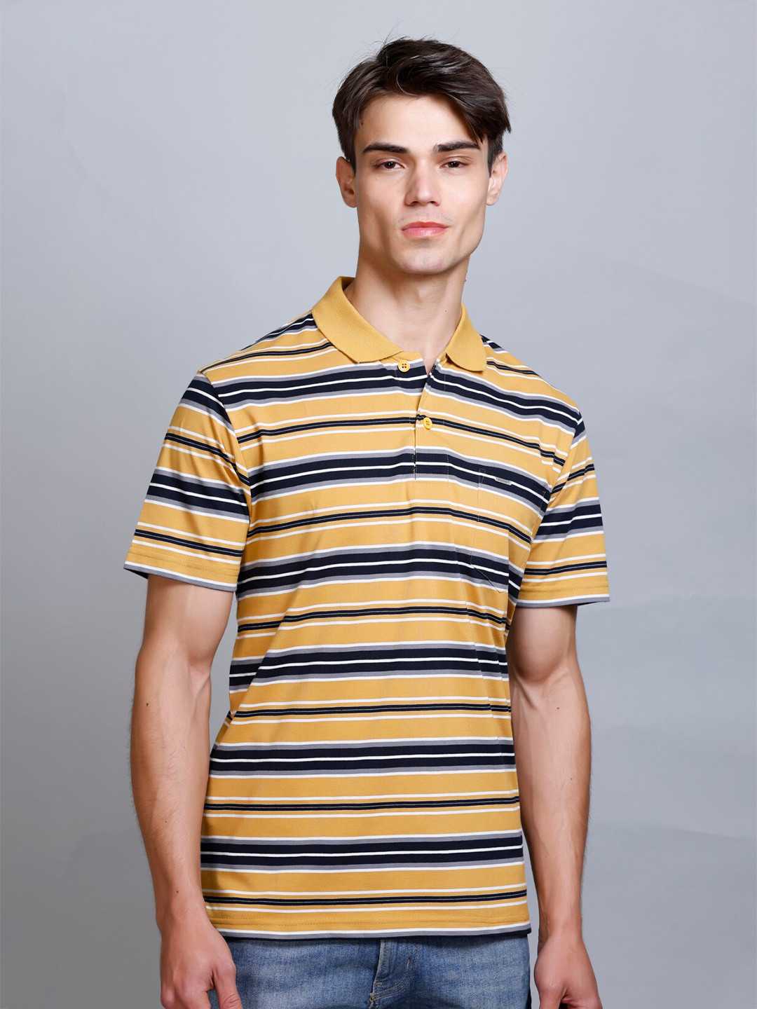 

GODFREY Striped Short Sleeves Polo Collar Cotton T-shirt, Mustard