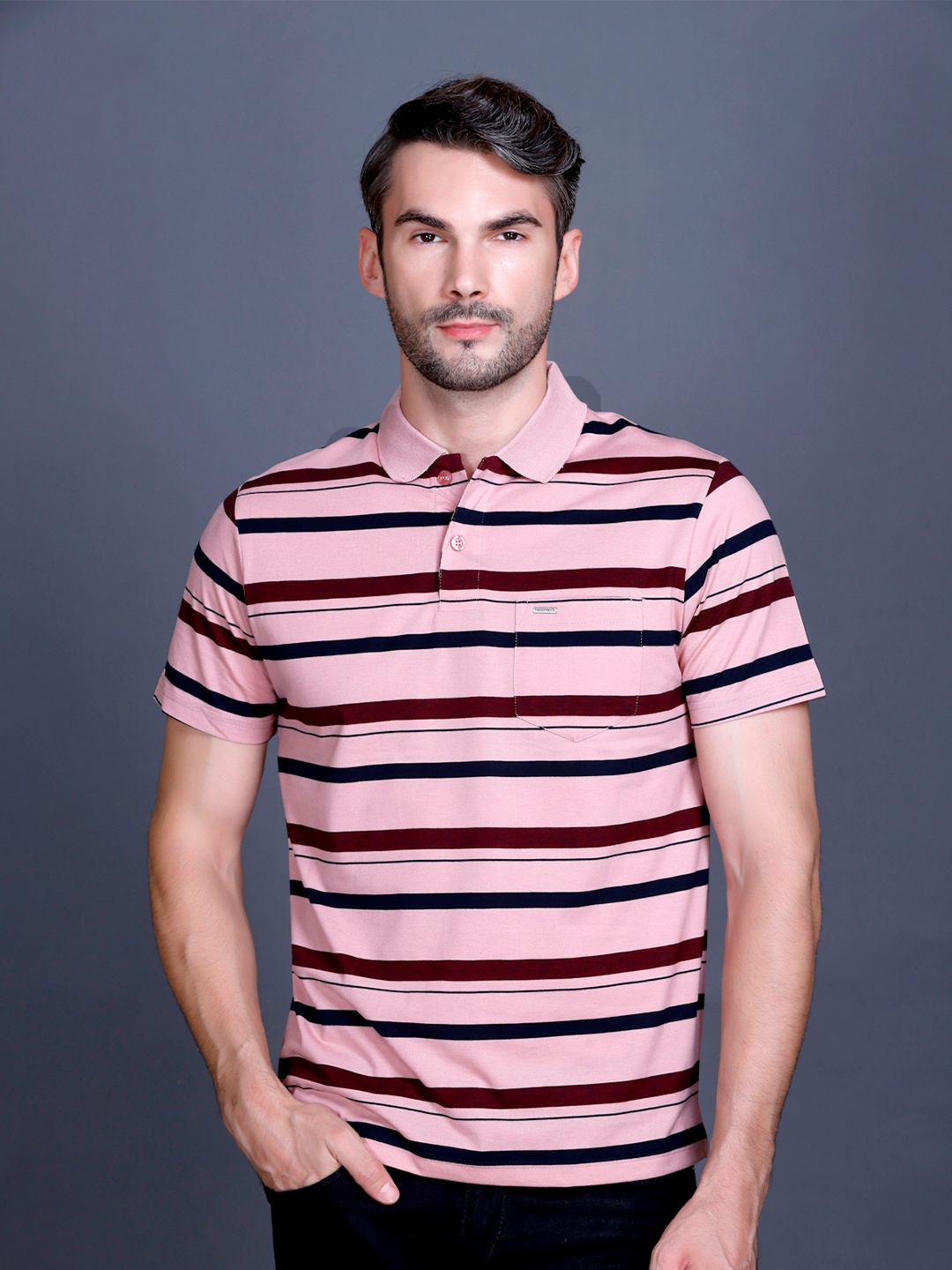 

GODFREY Horizontal Striped Polo Collar Pockets T-shirt, Pink