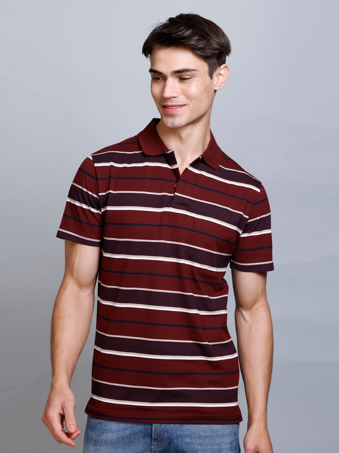 

GODFREY Striped Polo Collar Pockets T-shirt, Red