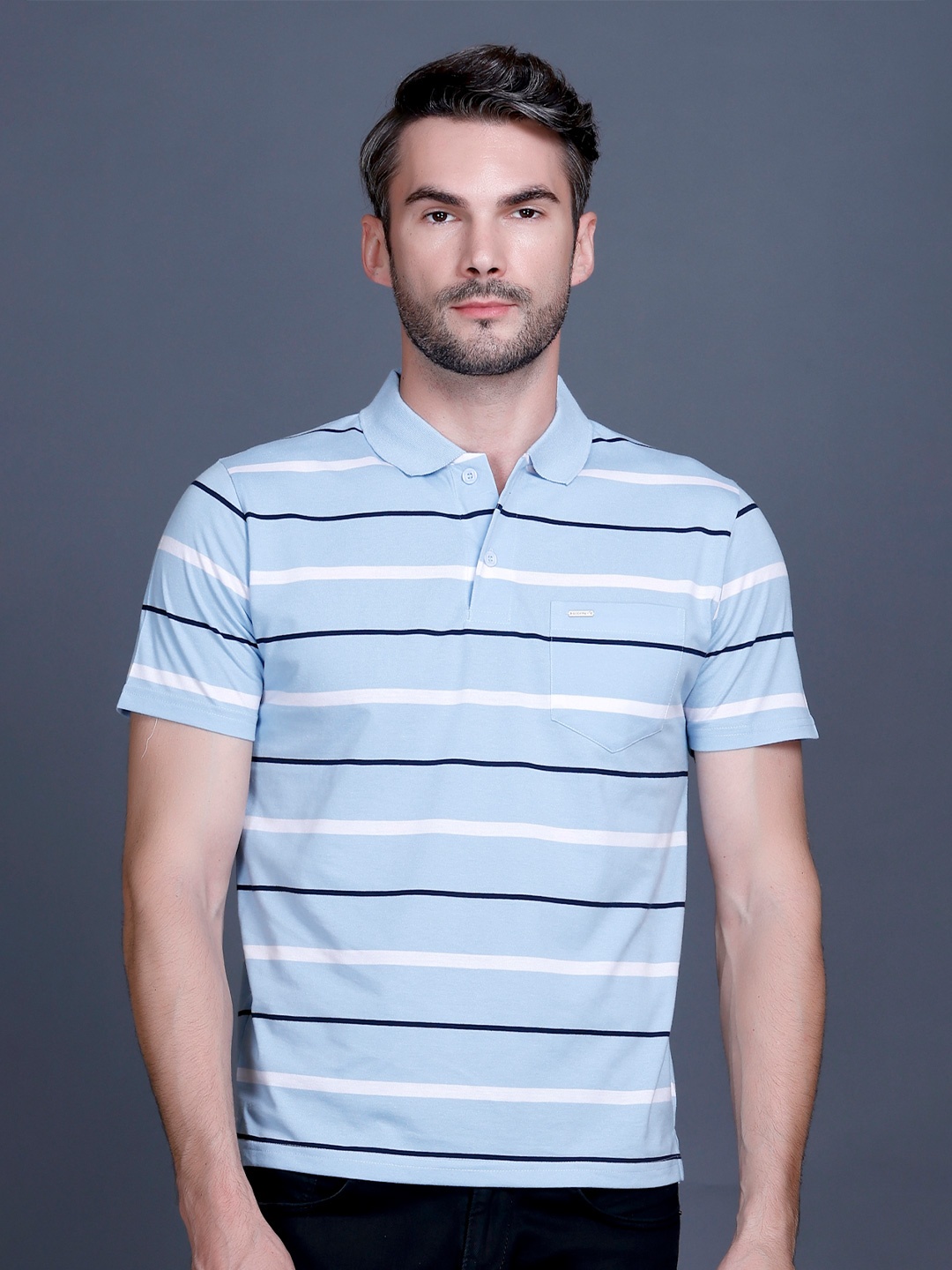 

GODFREY Striped Short Sleeves Polo Collar Cotton T-shirt, Blue