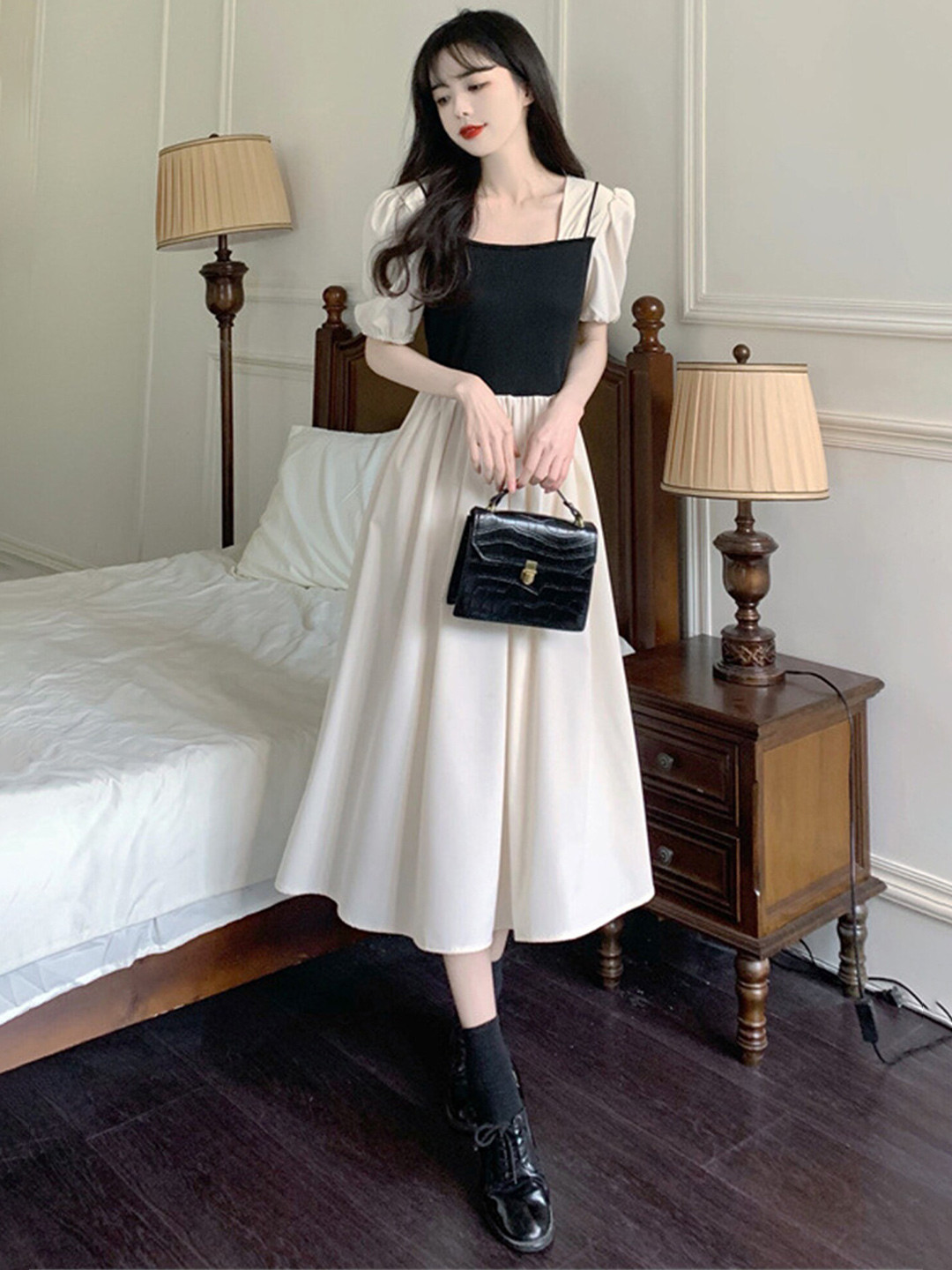 

LULU & SKY Puff Sleeves Fit & Flare Midi Dress, Beige