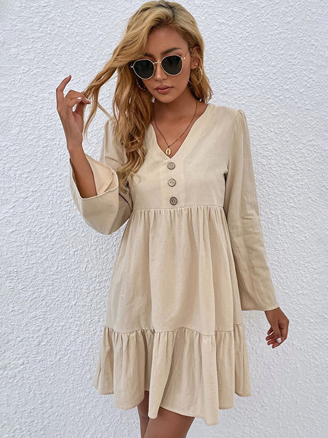 

LULU & SKY V-Neck Fit & Flare Dress, Beige