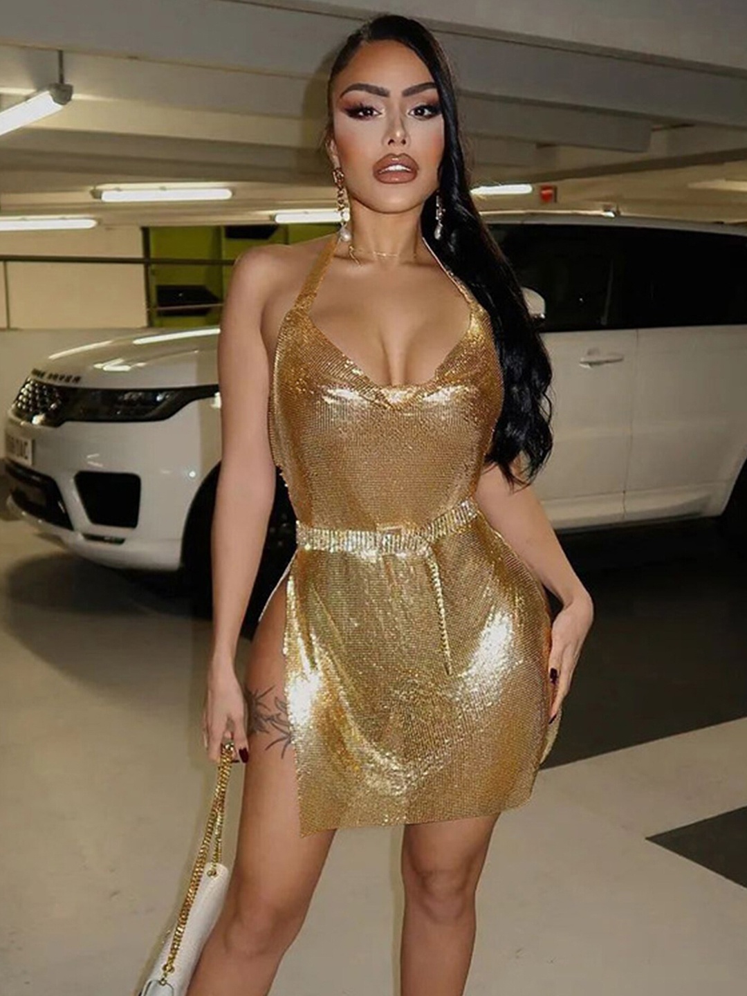 

LULU & SKY Halter Neck Mini Bodycon Dress, Gold