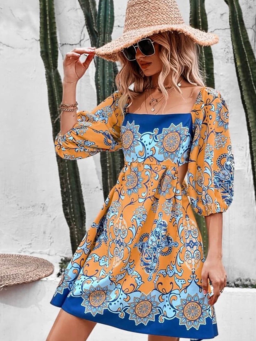 

LULU & SKY Floral Print Square Neck Cuff Sleeves Fit & Flare Dress, Orange