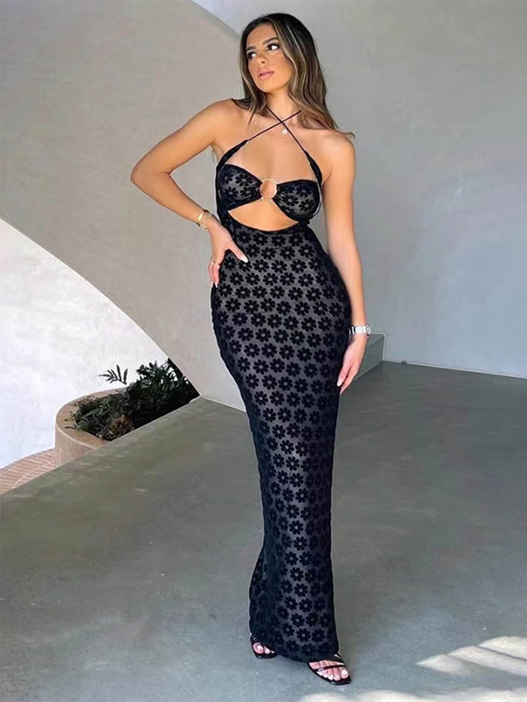 

LULU & SKY Self Design Halter Neck Maxi Dress, Black