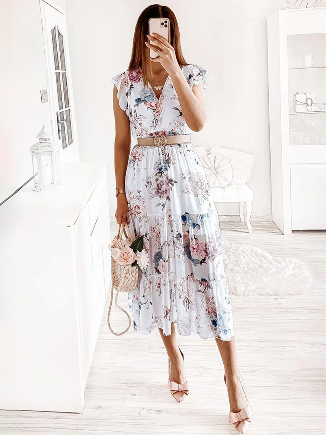 

LULU & SKY Floral Printed Flutter Sleeves Tiered Smocked Fit & Flare Midi Dress, Blue