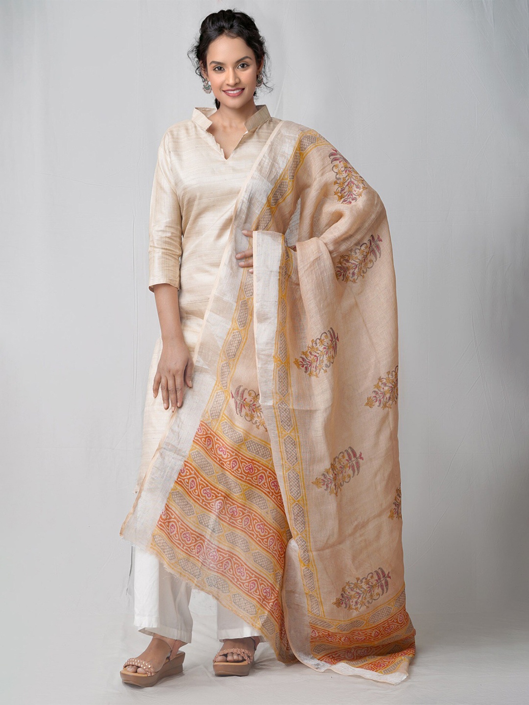 

Unnati Silks Ethnic Motifs Printed Linen Block Print Dupatta, Brown