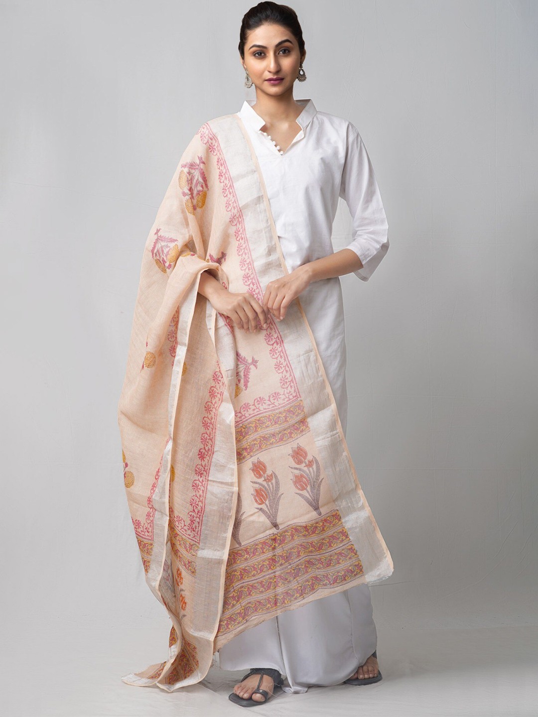 

Unnati Silks Floral Printed Linen Block Print Dupatta, Brown