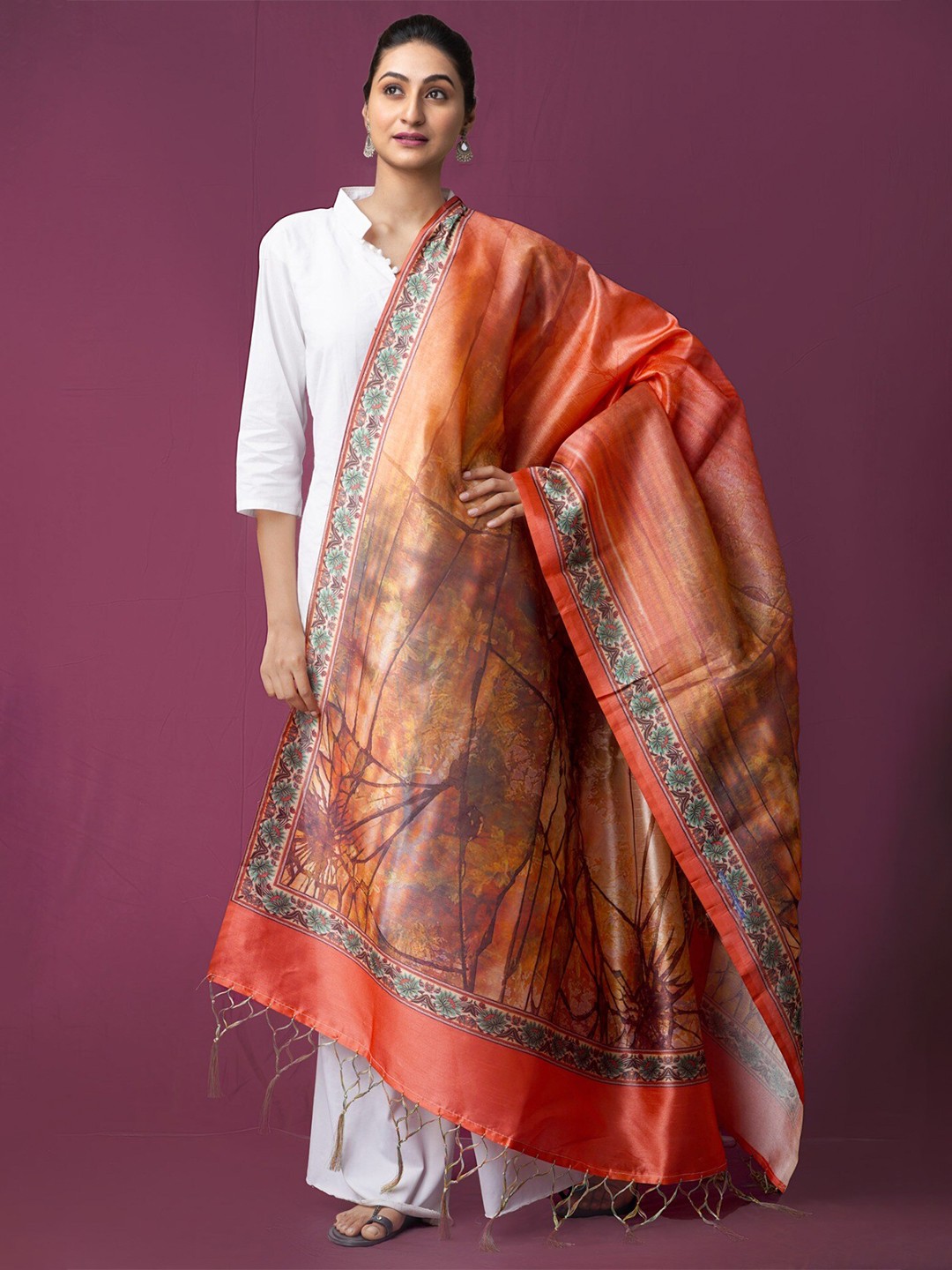

Unnati Silks Ethnic Motifs Printed Silk Dupatta, Orange