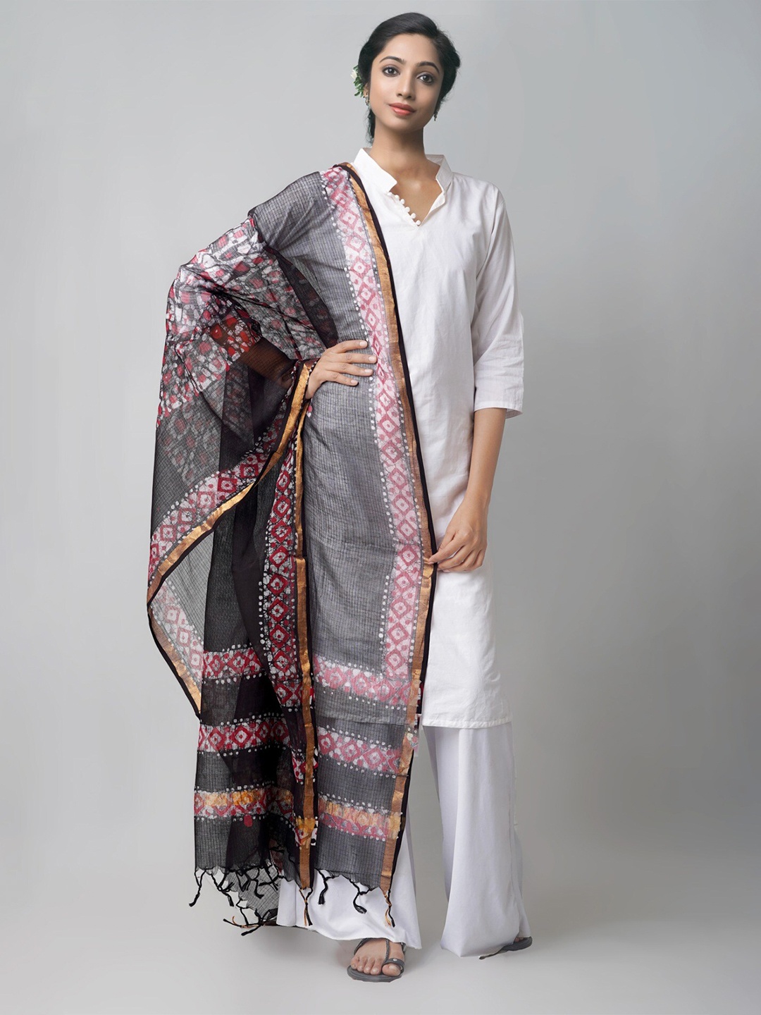 

Unnati Silks Checked Pure Cotton Batik Dupatta, Black