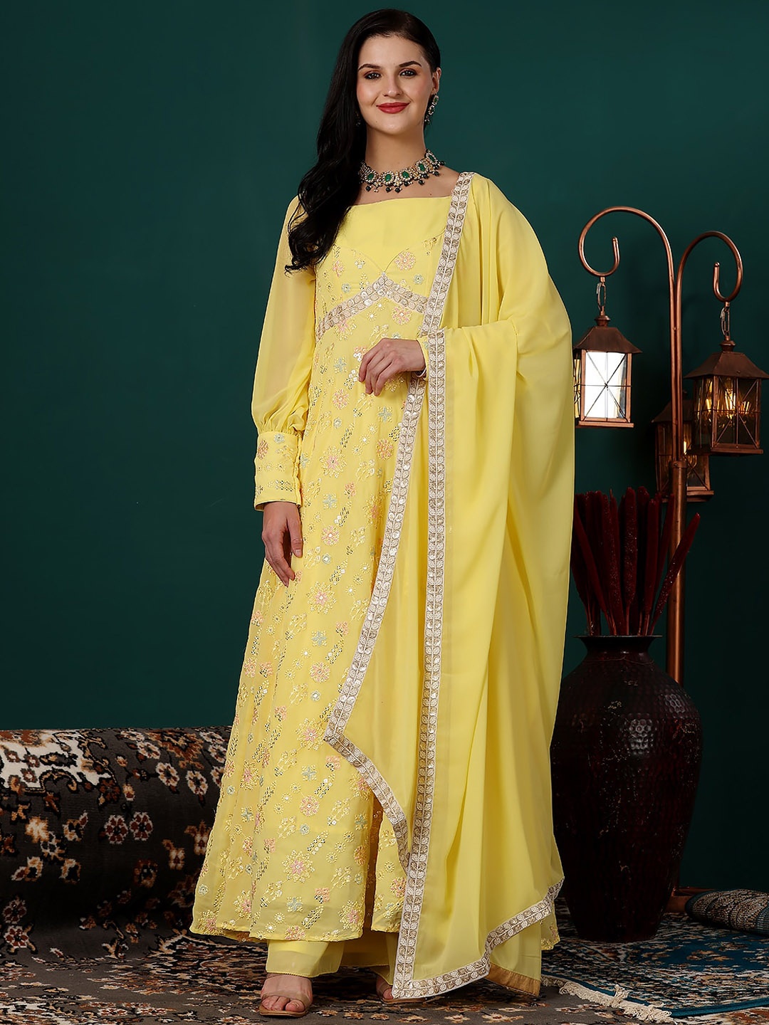 

Ethnovog Floral Embroidered Empire Sequinned Anarkali Kurta with Sharara & Dupatta, Yellow