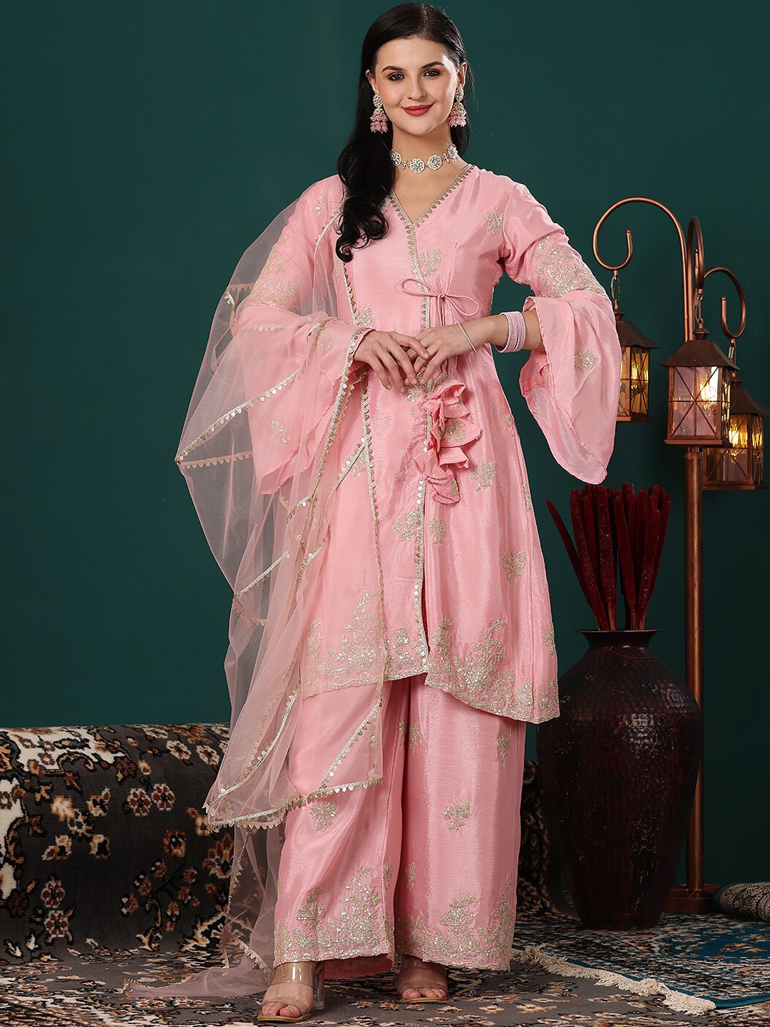 

Ethnovog Floral Embroidered Sequinned Flared Sleeves A-Line Kurta with Palazzos & Dupatta, Pink