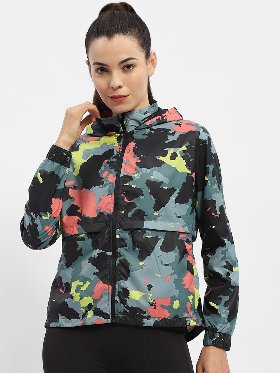 

Madame Camouflage Printed Hooded Bomber Jacket, Black