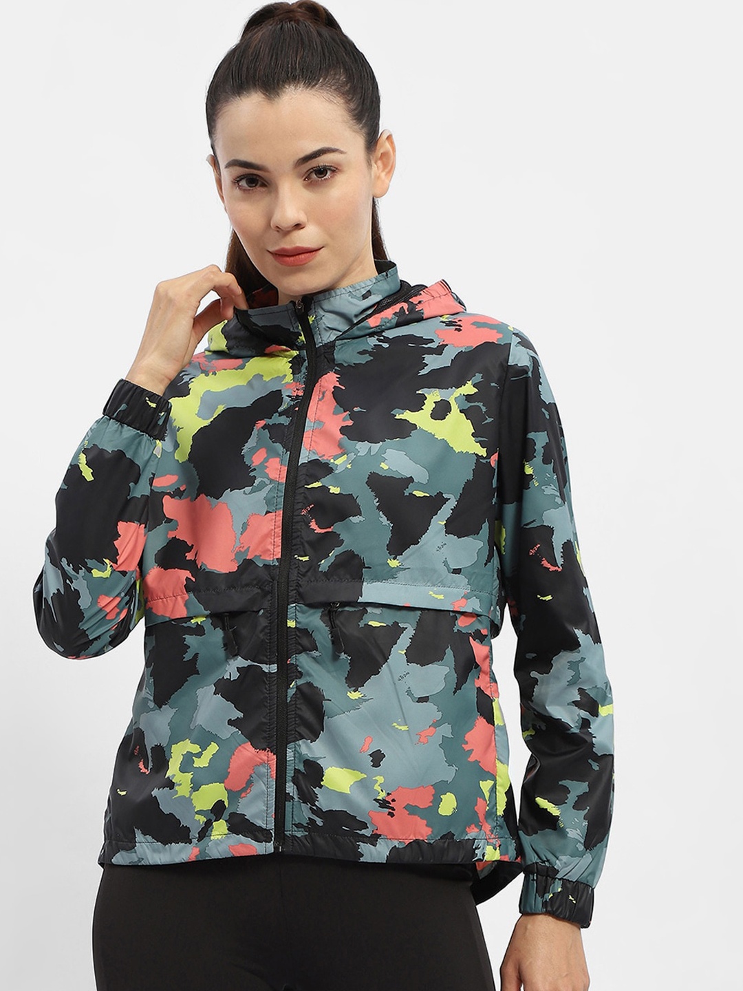 

Madame Camouflage Printed Hooded Bomber Jacket, Black