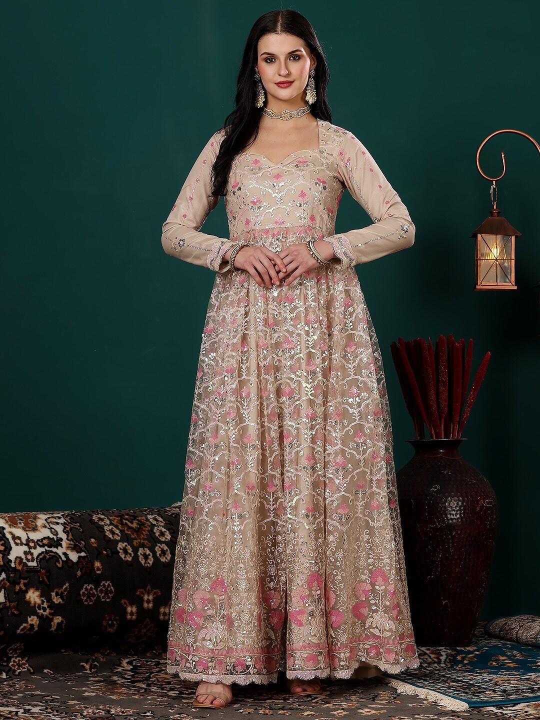 

Ethnovog Floral Print Net Square Neck Long Sleeves Opaque Maxi Dress, Beige