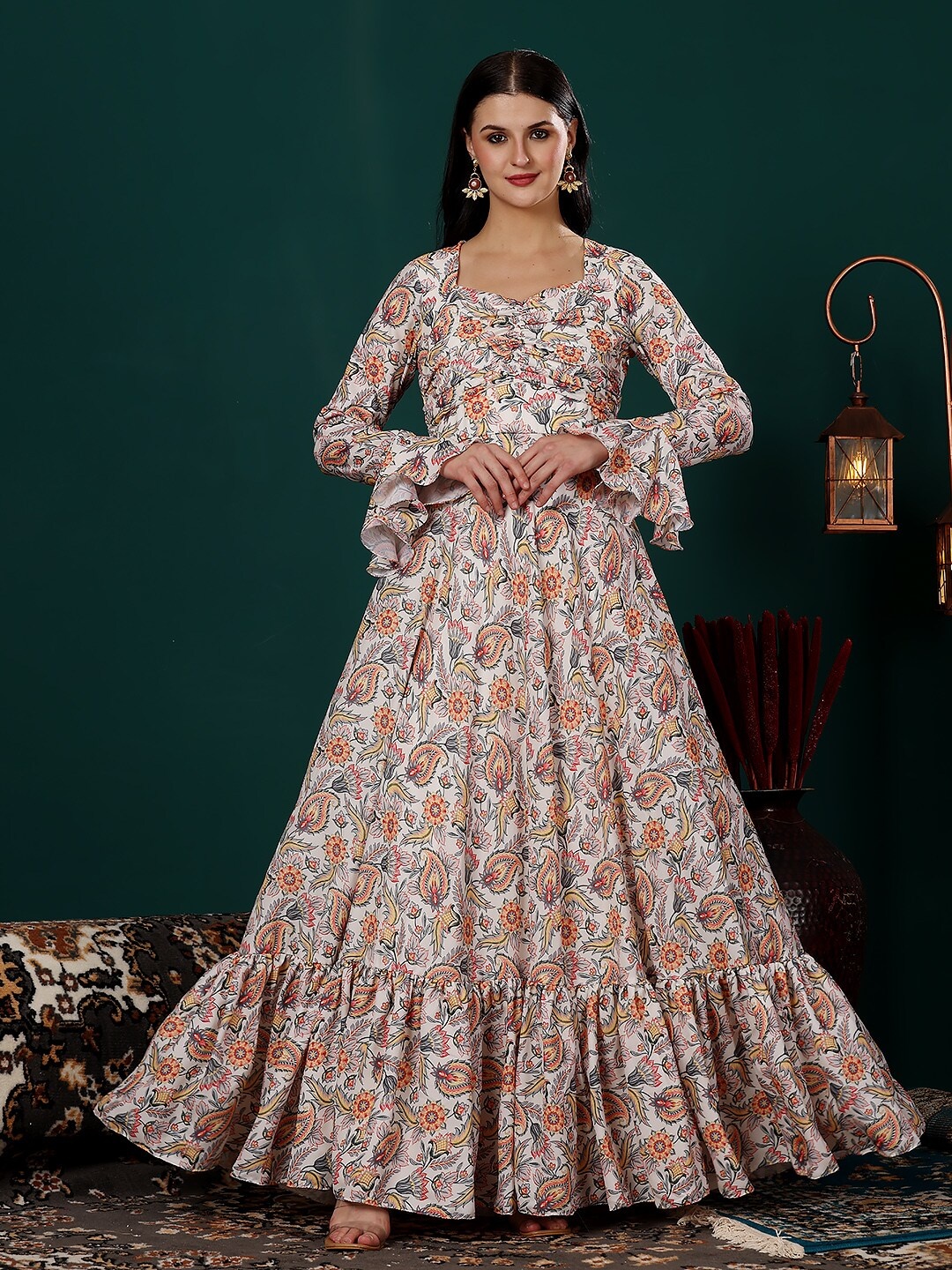 

Ethnovog Floral Print Satin Square Neck Bell Sleeve Opaque Maxi Dress, White