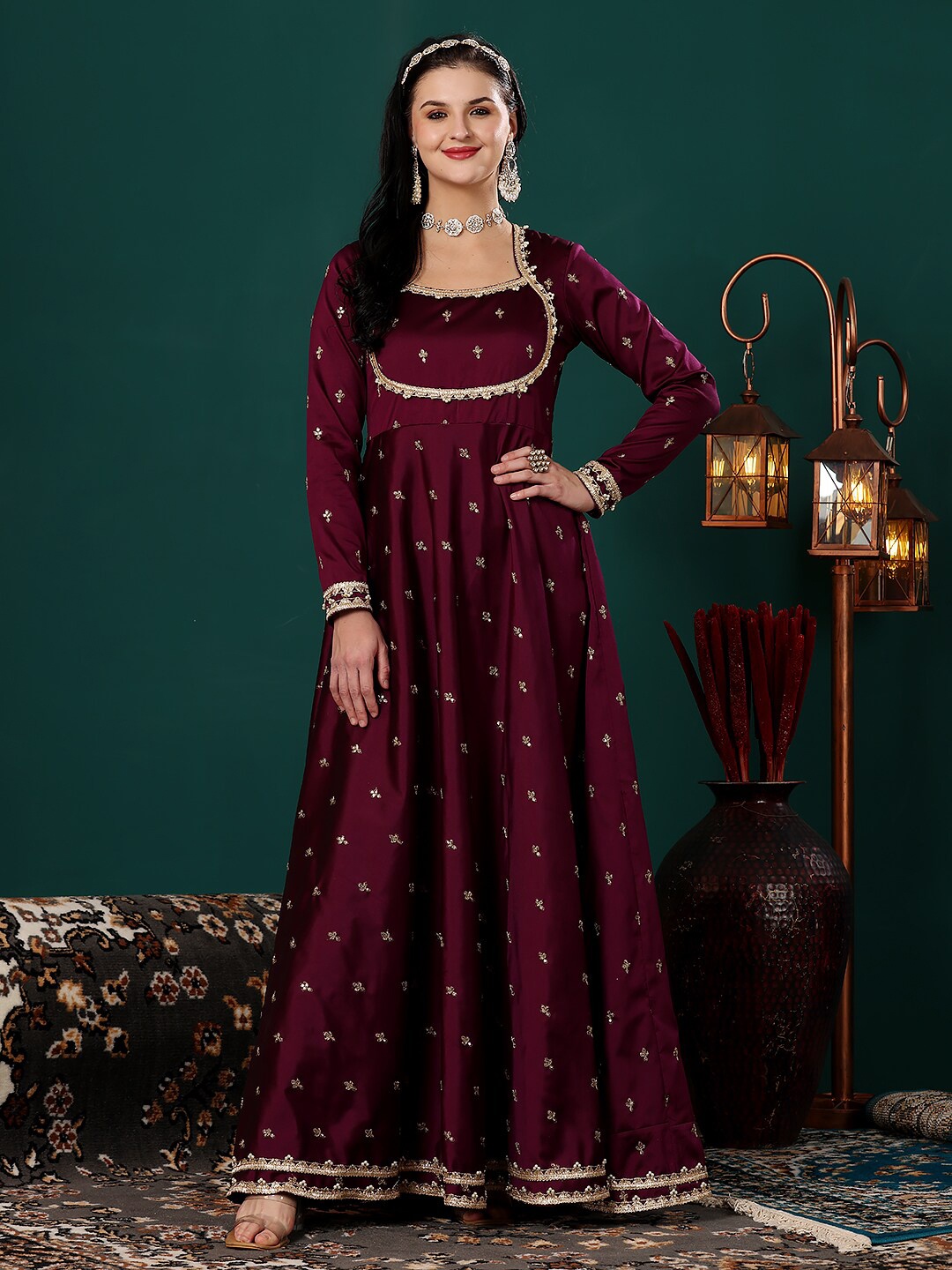 

Ethnovog Ethnic Motifs Embroidered Sequinned A-Line Maxi Ethnic Dress, Purple