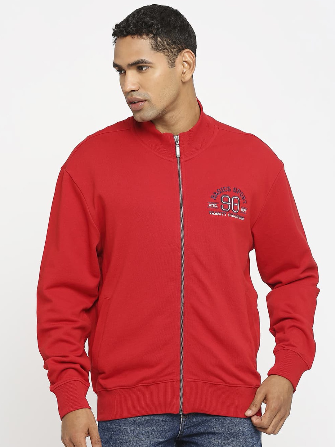 

Basics Mock Collar Embroidered Bomber Jacket, Red