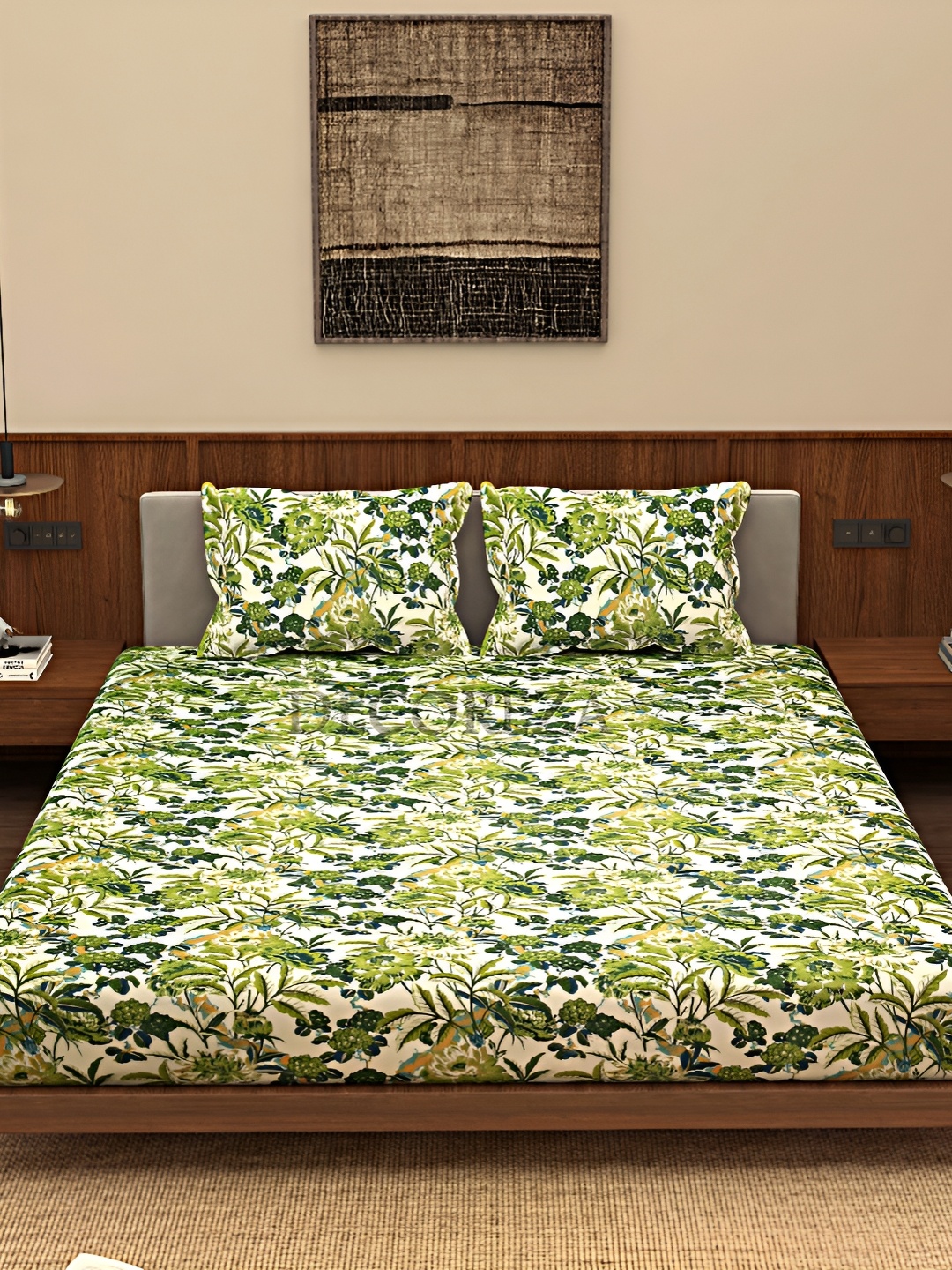 

DECOREZA Green and White Floral 300 TC Cotton Queen Bedsheet with 2 Pillow Covers