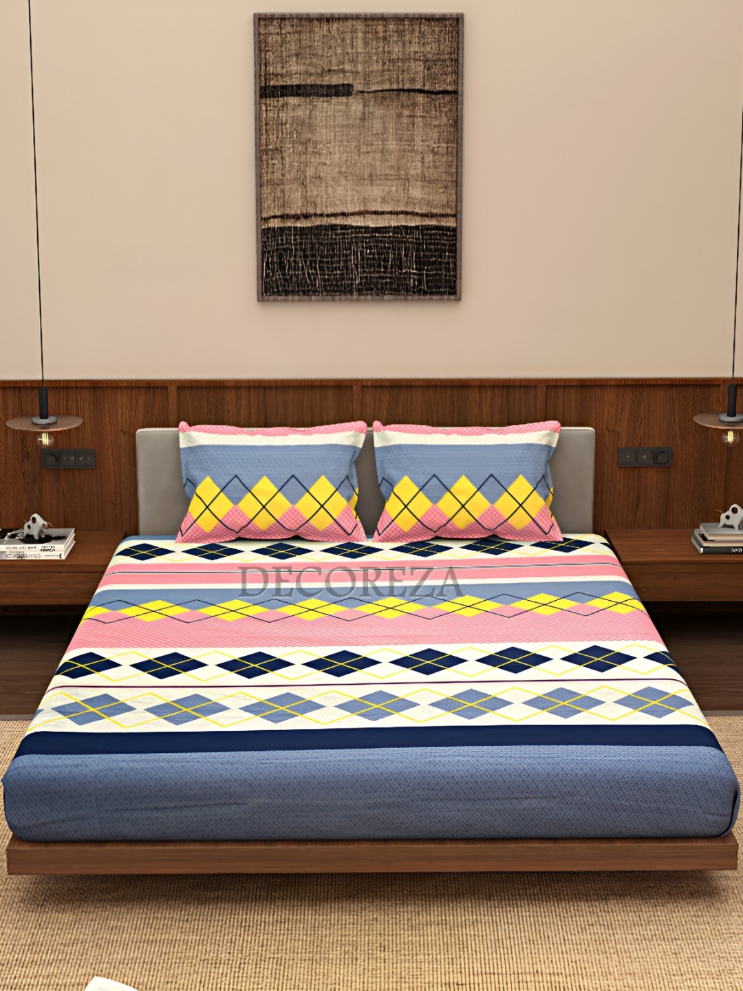 

DECOREZA Gold-Toned and Blue Geometric 300 TC Cotton Queen Bedsheet with 2 Pillow Covers