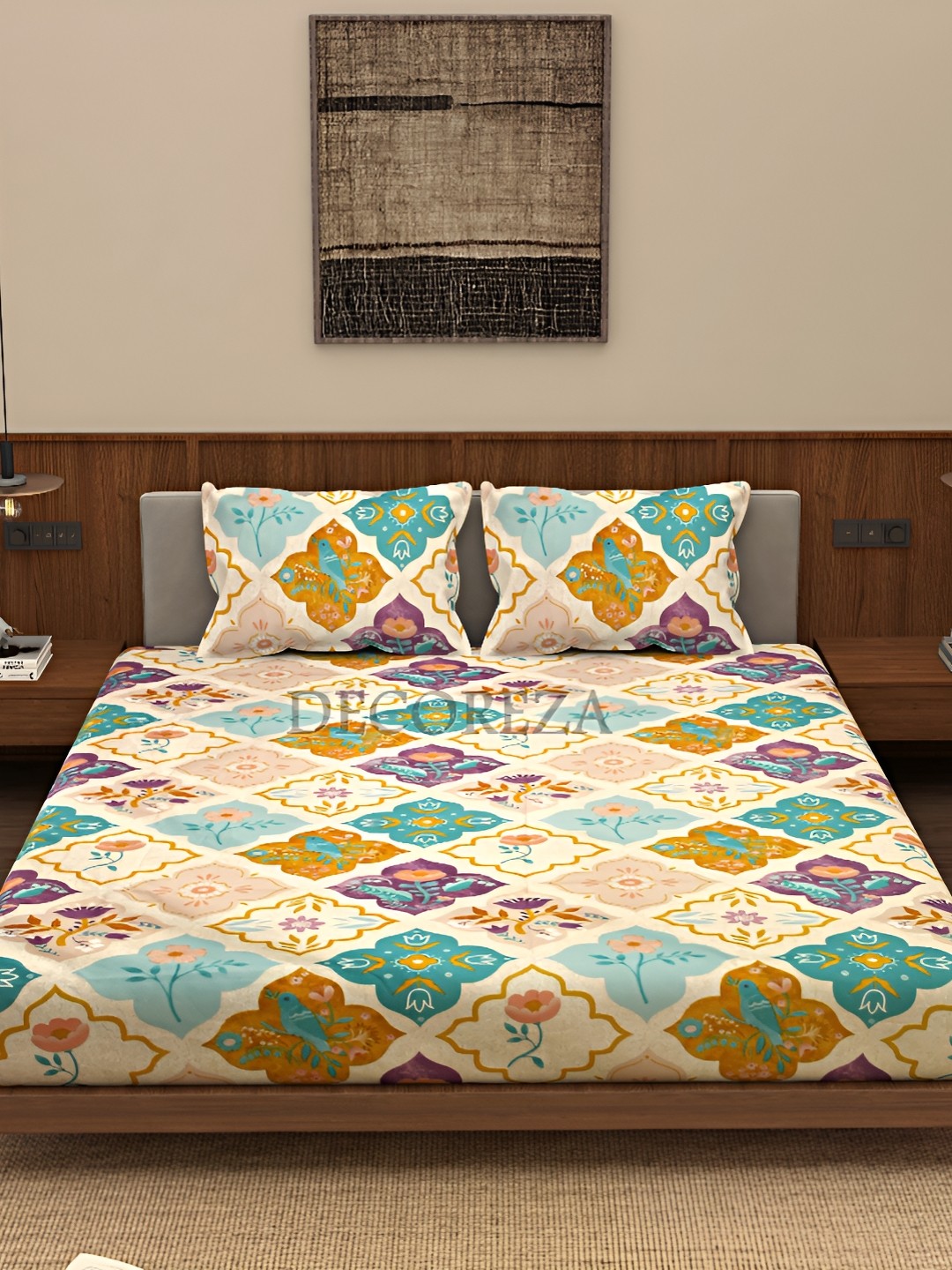 

DECOREZA Blue and Beige Floral 300 TC Cotton Queen Bedsheet with 2 Pillow Covers