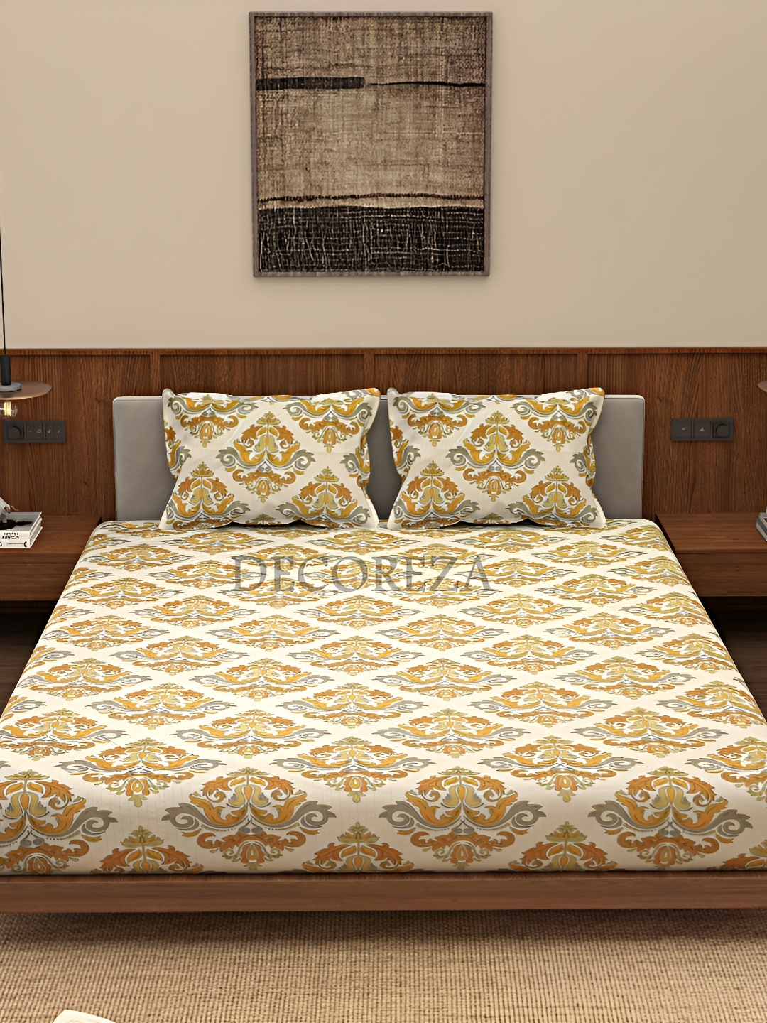 DECOREZA Gold-Toned and White Floral 300 TC Cotton Queen Bedsheet with 2 Pillow Covers