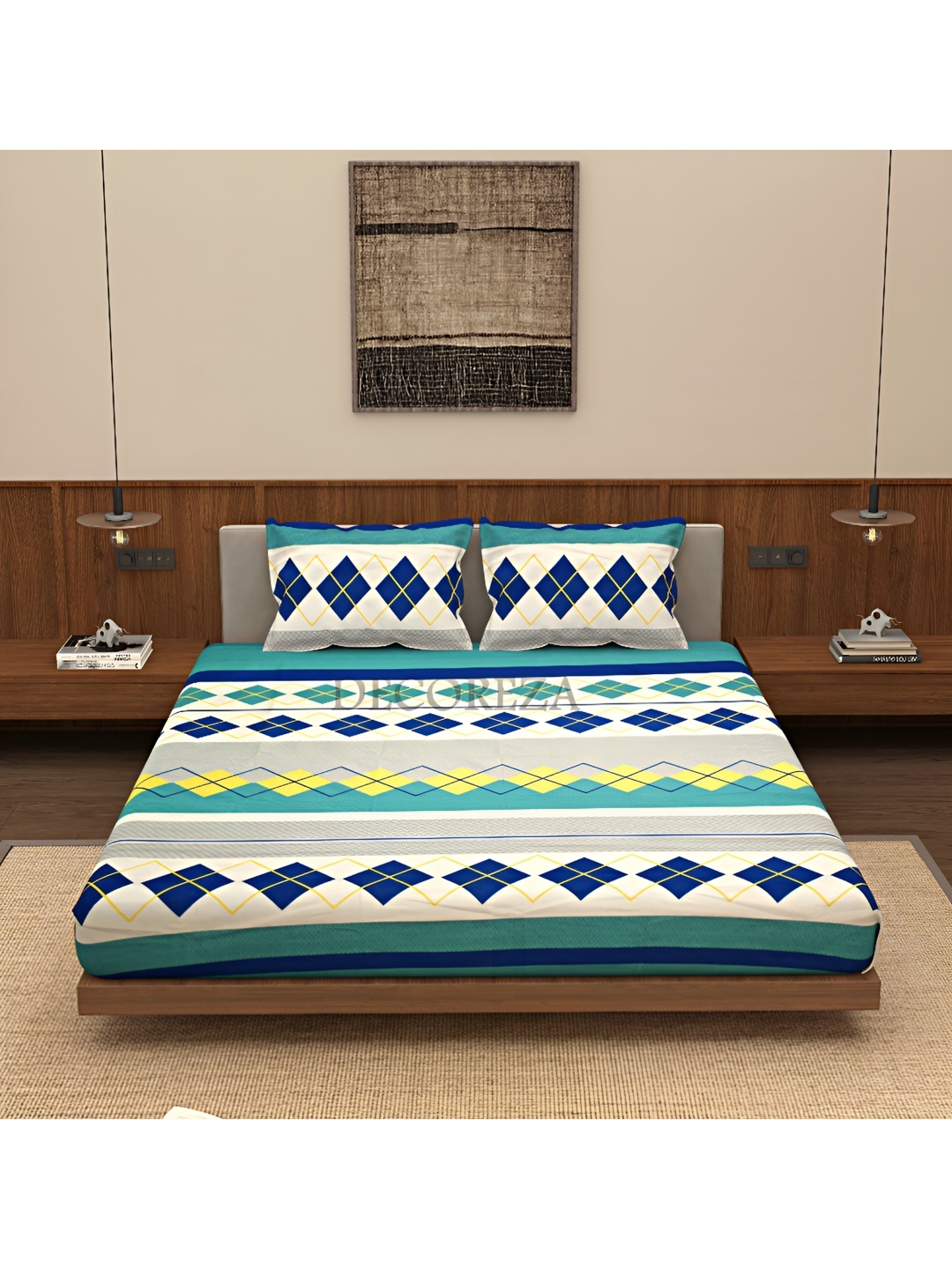 

DECOREZA Cream and Blue Geometric 300 TC Cotton Queen Bedsheet with 2 Pillow Covers