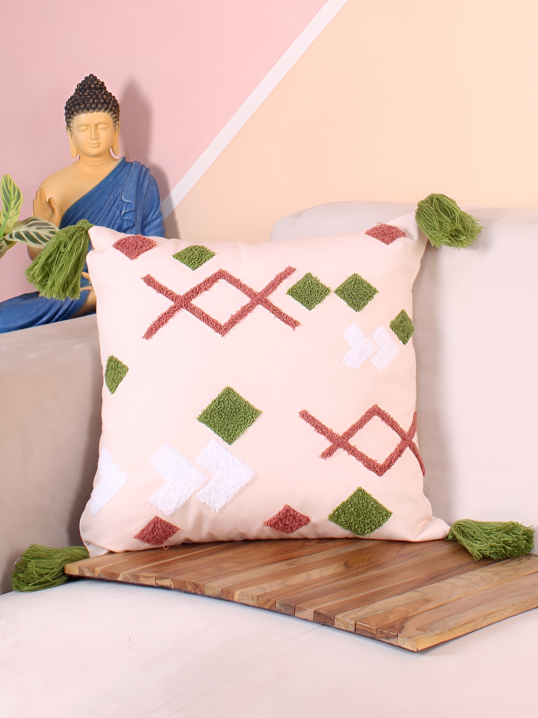 

STITCHNEST Olive Green & White Embroidered Square Cushion Covers