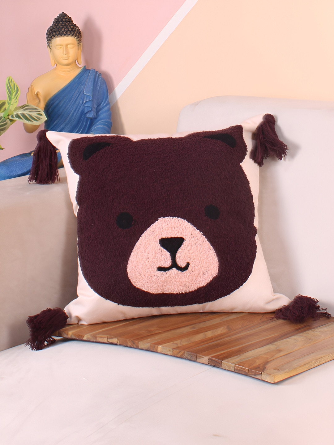 

STITCHNEST Peach-Coloured & Brown Embroidered Square Cushion Cover