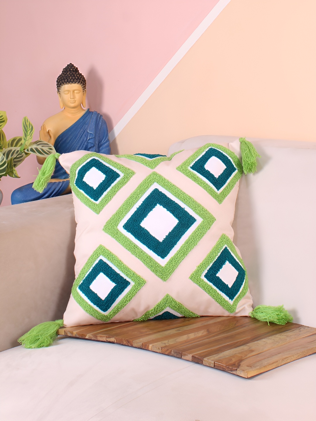 

STITCHNEST Peach-Coloured & Green Embroidered Square Cushion Cover