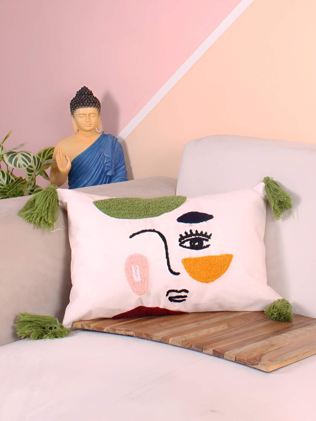 

STITCHNEST Pink & Green Embroidered Rectangle Cushion Cover