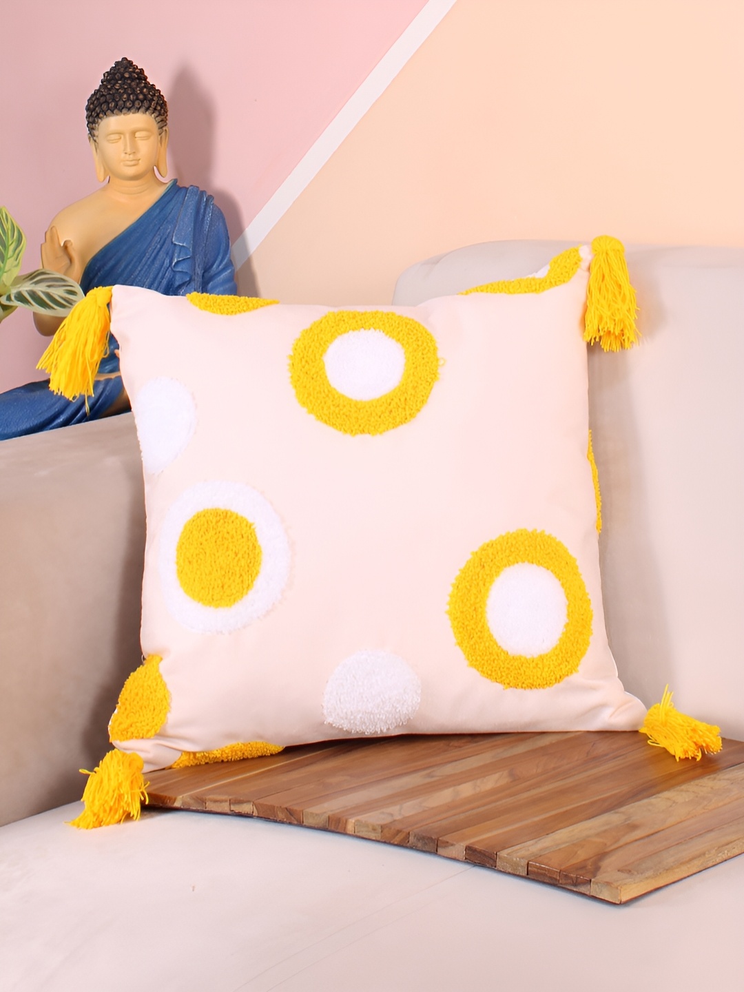 

STITCHNEST Peach & Yellow Embroidered Square Cushion Cover