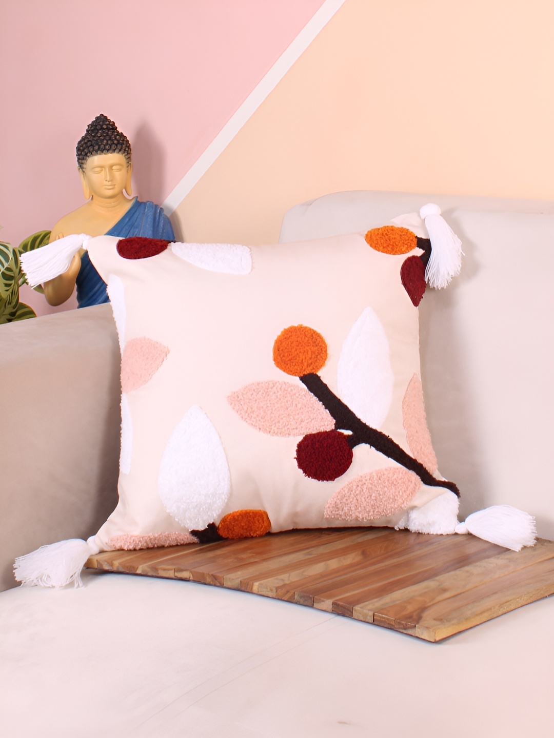 

STITCHNEST Peach & White Embroidered Square Cushion Cover