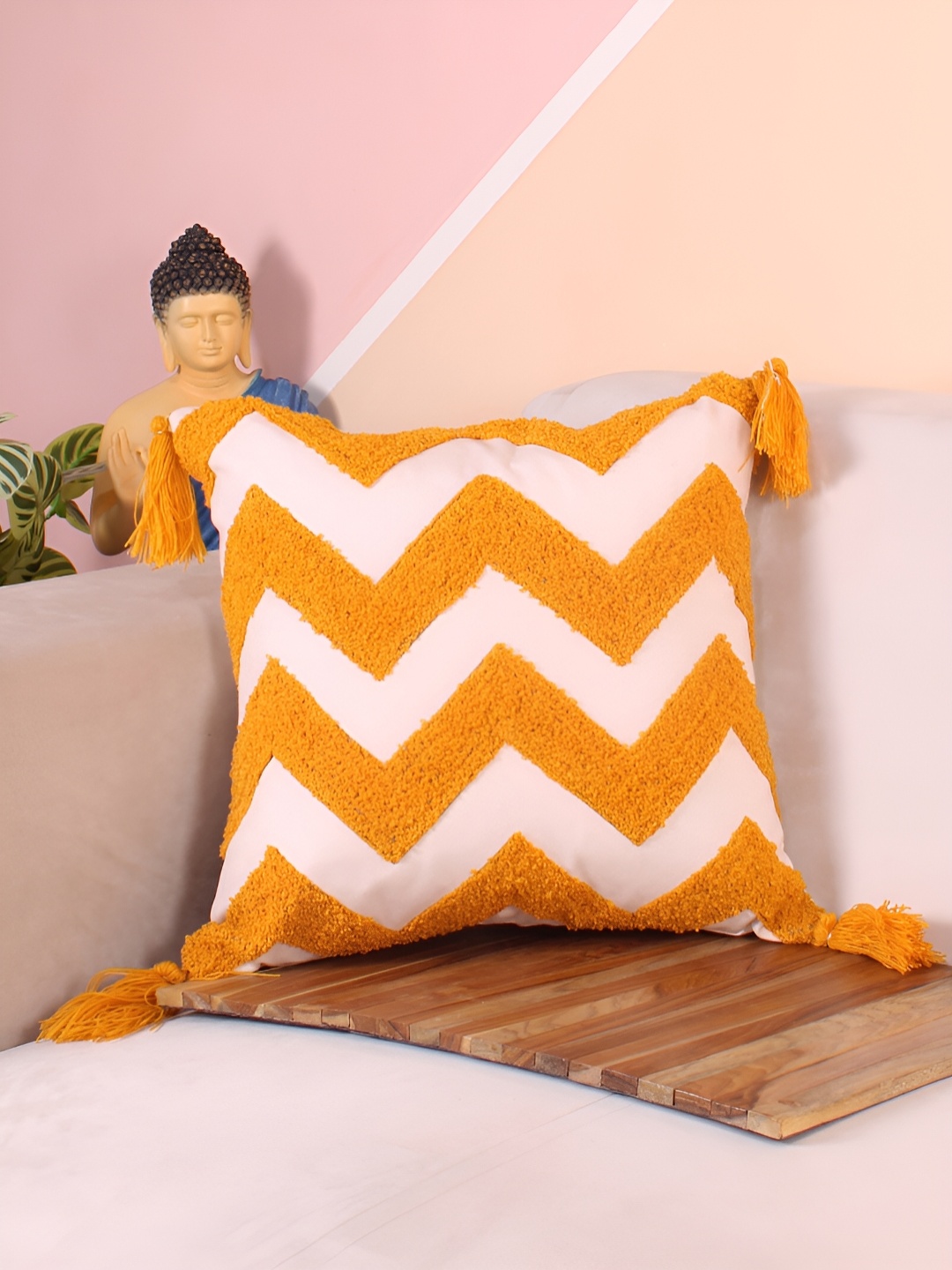 

STITCHNEST White & Yellow Embroidered Square Cushion Cover