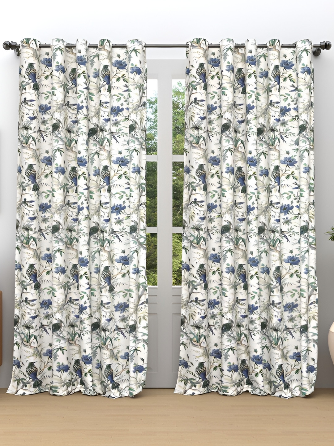 

Comfowell White & Blue 2 Pieces Cotton Floral Room Darkening Long Door Curtains