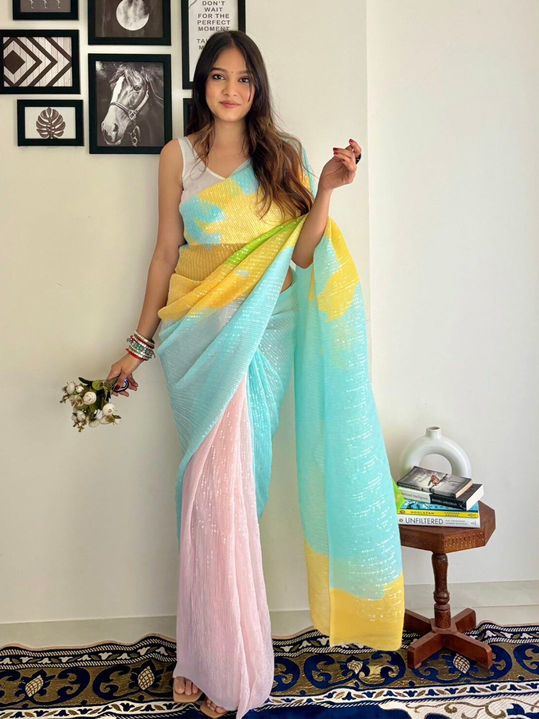 

LeeliPeeri Designer Digital Printed Crushed Sequinned Embellished Saree, Blue