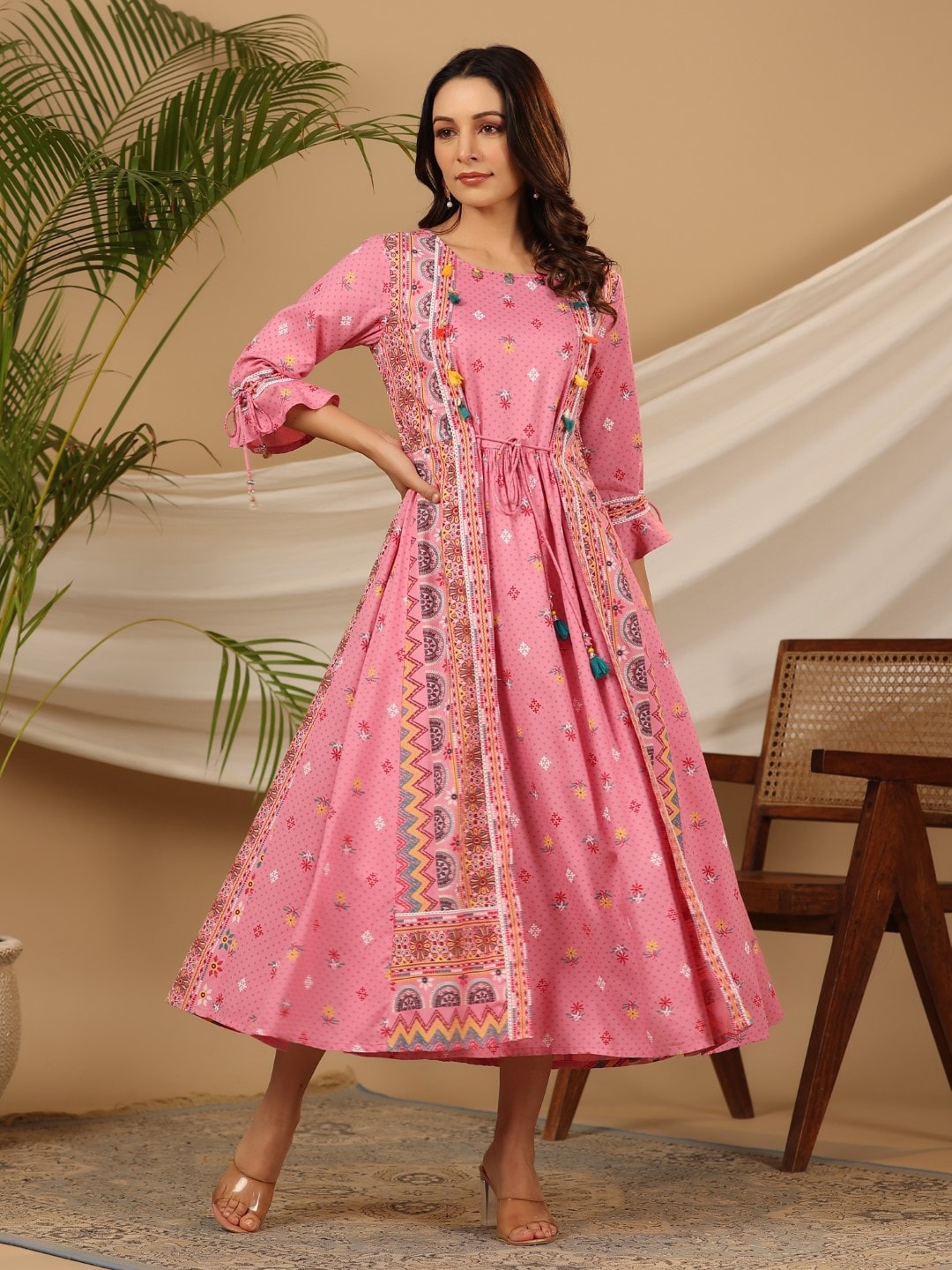 

Juniper Pink Floral Printed Cotton Flared A-Line Midi Dress