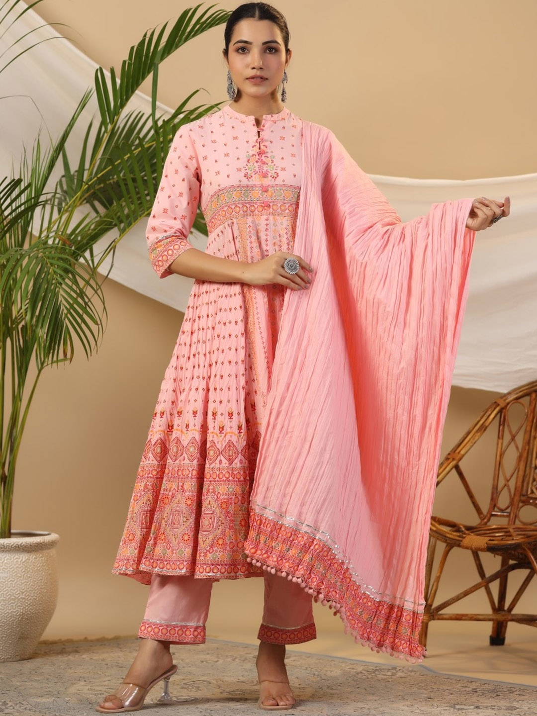 

Juniper Ethnic Motifs Printed Sequinned Pure Cotton Kurta Trousers & Dupatta, Peach