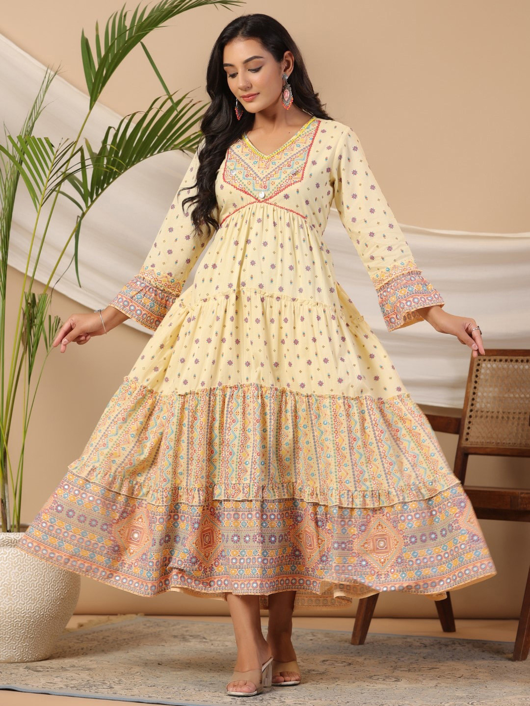 

Juniper Off White Ethnic Motifs Printed V-Neck Flared Cotton Maxi Dress